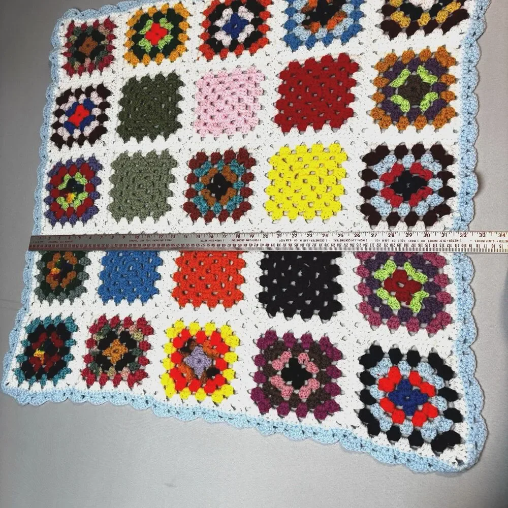 Vtg Colorful Granny Square Crochet Crib Size Chair Throw Light Blue Trim 32 X32